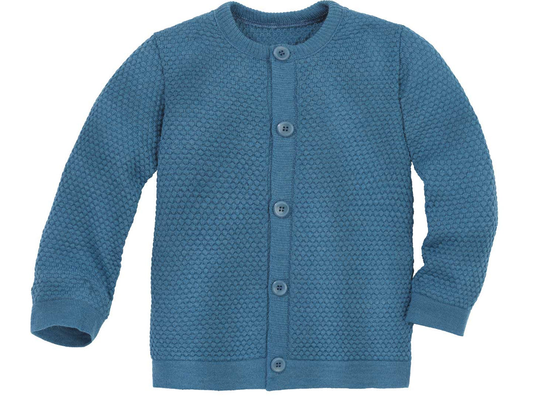 Strikjakke i Vaffelstrik – Merinould – Dueblå – Disana økologisk babytøj