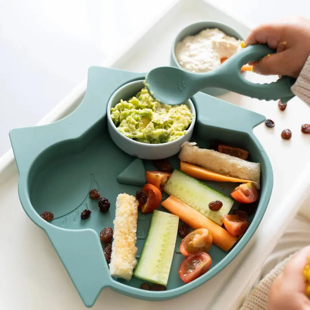 Tidy Tot Lätzchen, Teller und Löffel – SET – Eule – Lätzchen mit Ärmeln – MamaMilla