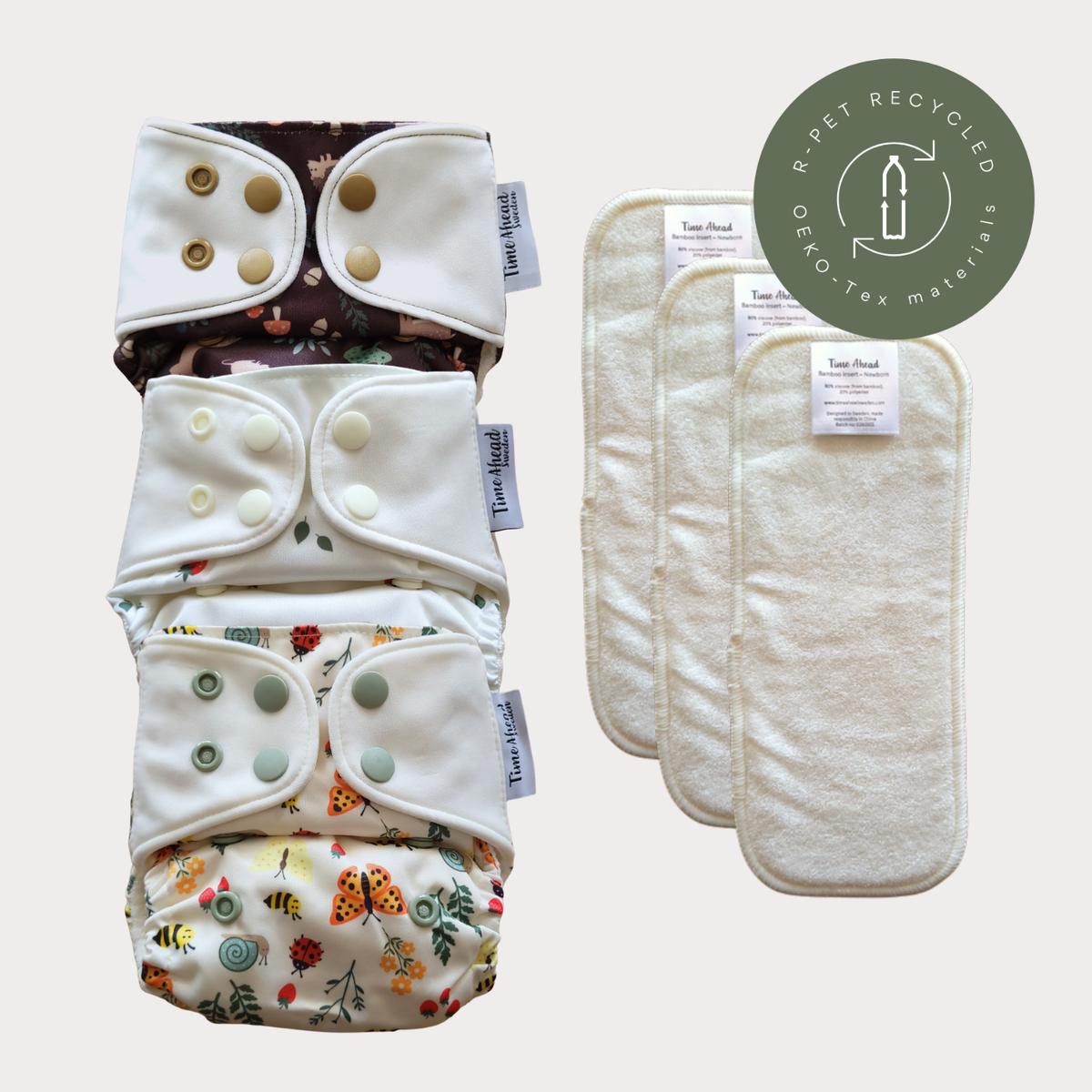 Time Ahead Sweden - Startpakke stofble nyfødt | Alt-i-et 2-6 kg: Med tilbehør / Humleblomster grøn | Agern | Skovvrå